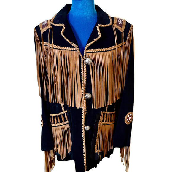 Vintage Echo Mtn Suede Leather Beaded Fringe Jacket Western - Picture 1 of 9
